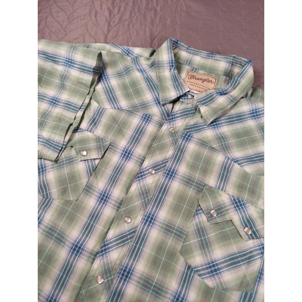 Wrangler Mens 3XL Green Plaid Pearl Snap Western Shirt Sawtooth Short Sleeve